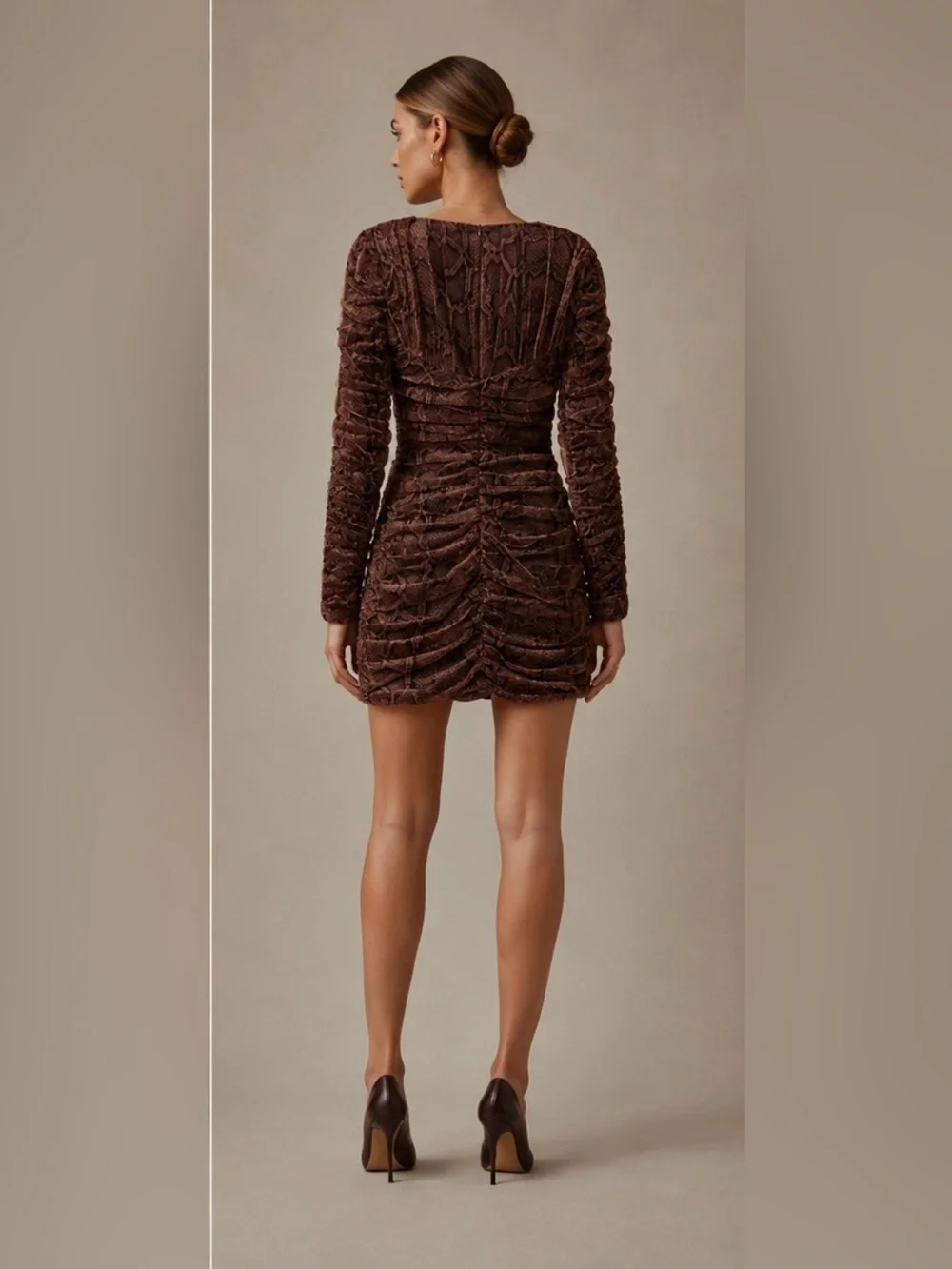 Zara Snake Print Draped Tulle Long Sleeve Ruched Mini Dress - Picture 4 of 15